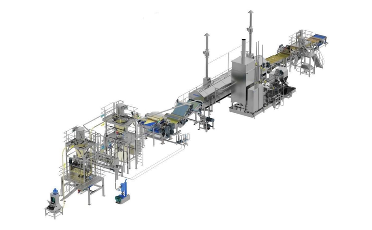 Full view of Sinobake’s fully automated compound potato chip production line, integrating mixing, shaping, frying, and seasoning processes for efficient 500–600 kg/h output. Full view of Sinobake’s fully automated compound potato chip production line, integrating mixing, shaping, frying, and seasoning processes for efficient 500–600 kg/h output.